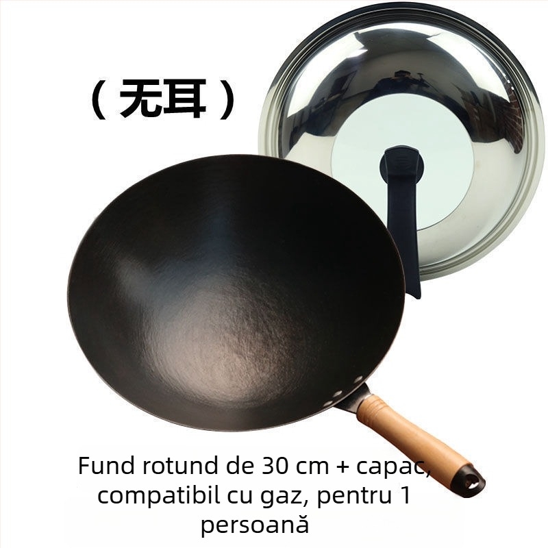 Wok din fier turnat, neacoperit, bază rotundă, compatibil cu plita cu inducție