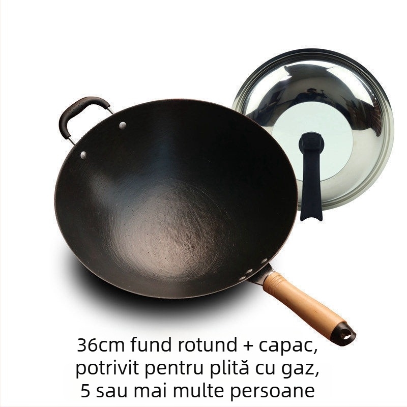 Wok din fier turnat, neacoperit, bază rotundă, compatibil cu plita cu inducție