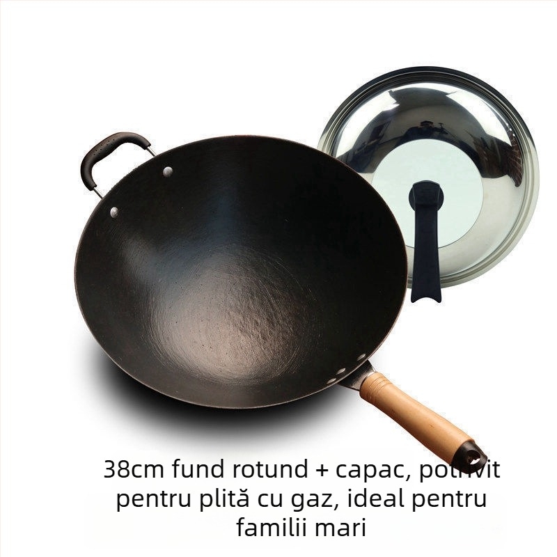 Wok din fier turnat, neacoperit, bază rotundă, compatibil cu plita cu inducție