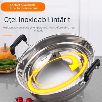Wok din oțel inoxidabil pentru aburire și prăjire – vas dual, cu fund simplu, adâncime 15 cm, capac din oțel inoxidabil, compatibil cu toate plitele