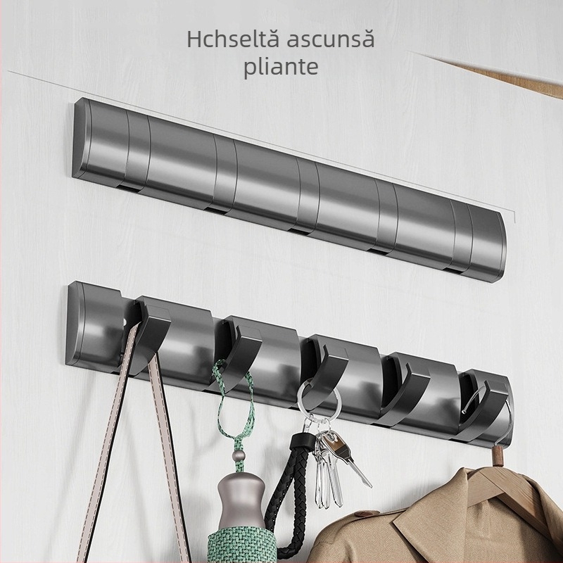 Umeraș ascuns pentru ușă, hol/dressing — montat pe perete, pentru paltoane și pălării, fără găuri — Space Aluminum, 444 g, Nano șlifuire, Light Luxury, Certificare EU CE