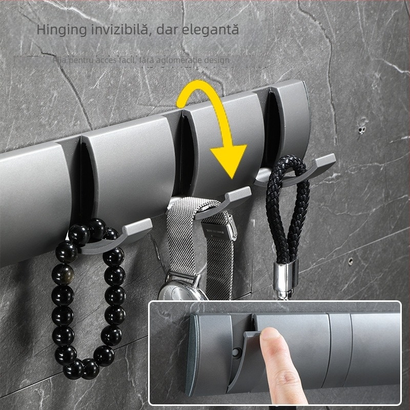 Umeraș ascuns pentru ușă, hol/dressing — montat pe perete, pentru paltoane și pălării, fără găuri — Space Aluminum, 444 g, Nano șlifuire, Light Luxury, Certificare EU CE