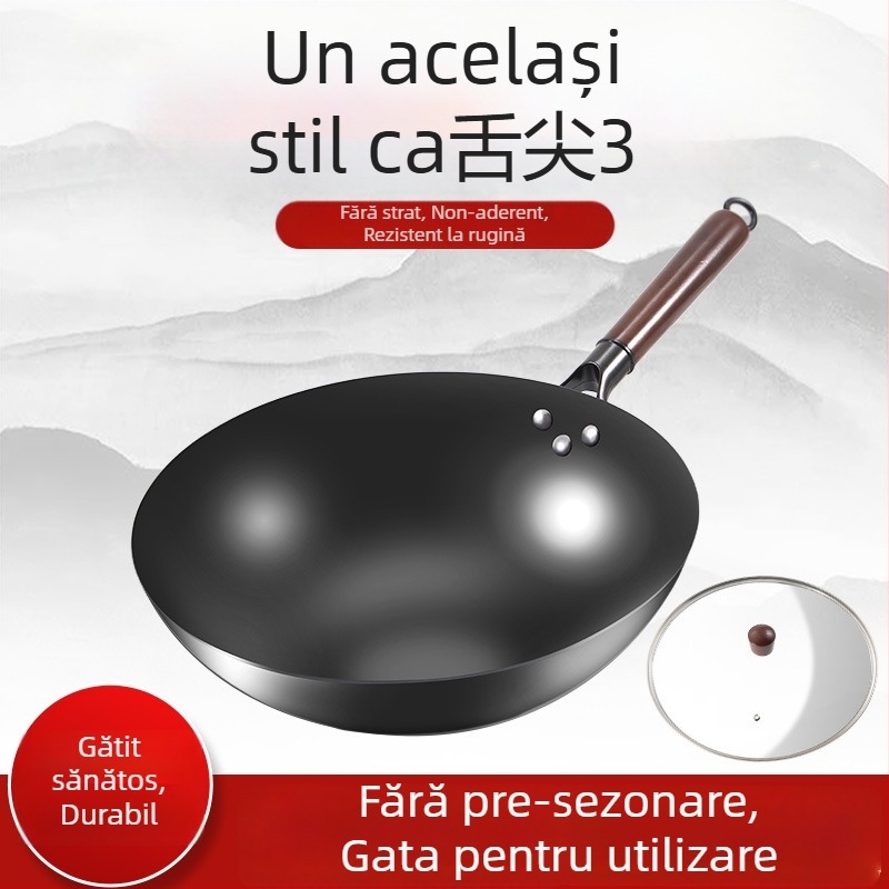 Love mom wok din fier, stil chinezesc, bază rotundă, capac din sticlă