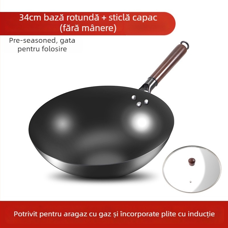 Love mom wok din fier, stil chinezesc, bază rotundă, capac din sticlă