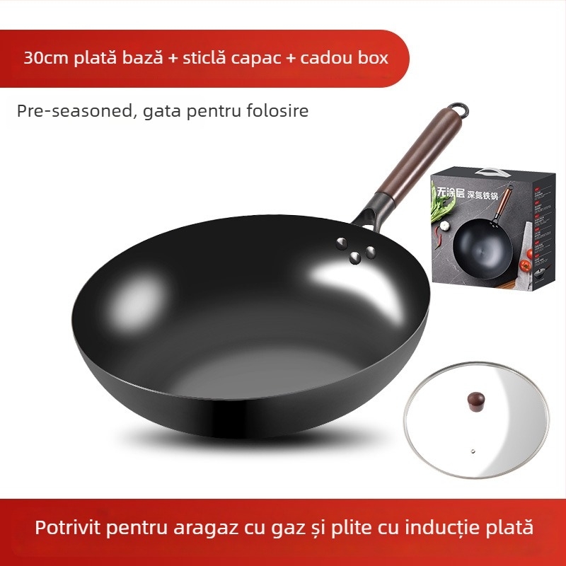 Love mom wok din fier, stil chinezesc, bază rotundă, capac din sticlă