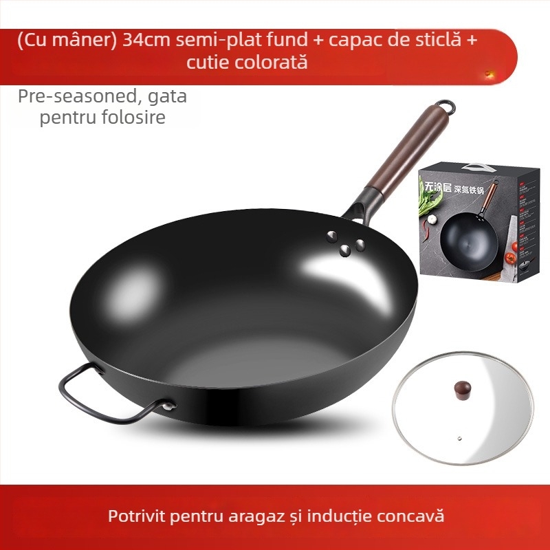 Love mom wok din fier, stil chinezesc, bază rotundă, capac din sticlă
