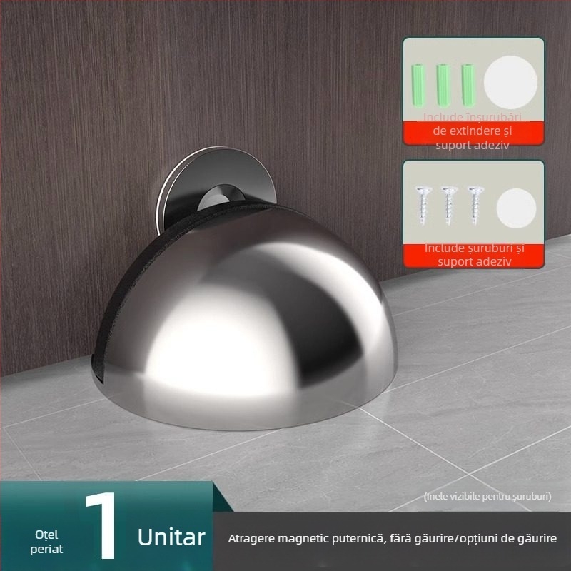 Stop de ușă montat pe podea, din oțel inoxidabil, montaj fără găuri cu bandă adezivă, finisaj electroplacat, stil modern minimalist