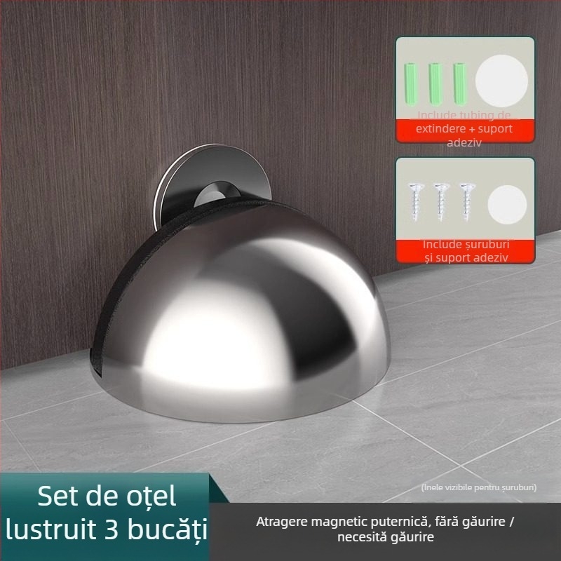 Stop de ușă montat pe podea, din oțel inoxidabil, montaj fără găuri cu bandă adezivă, finisaj electroplacat, stil modern minimalist