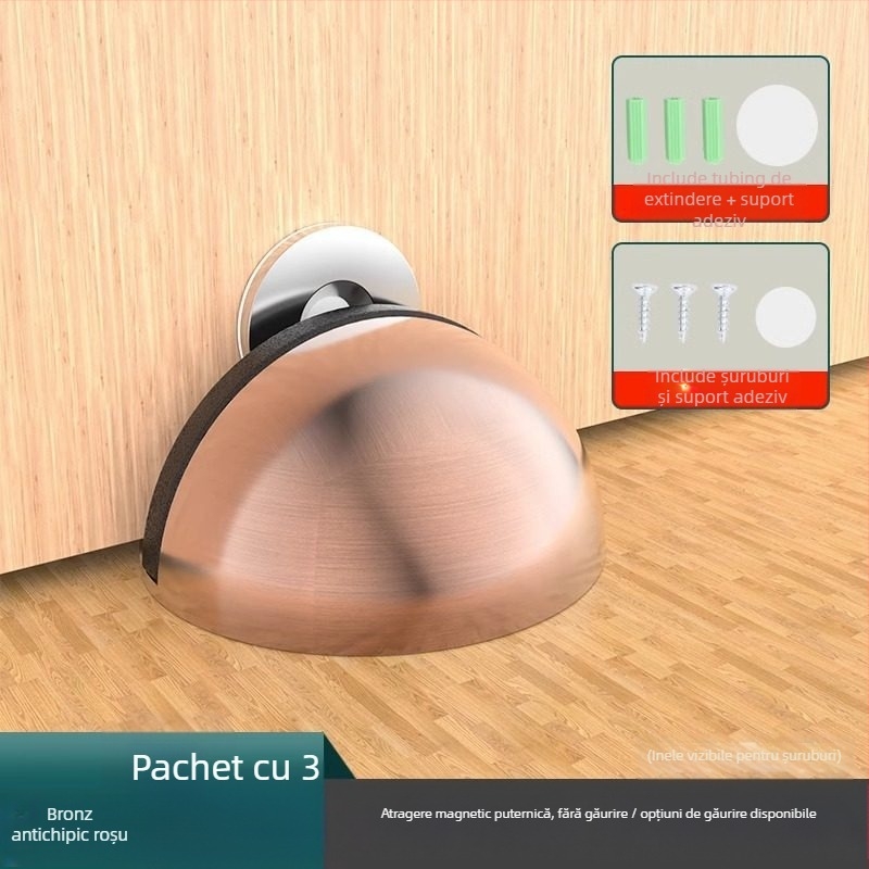 Stop de ușă montat pe podea, din oțel inoxidabil, montaj fără găuri cu bandă adezivă, finisaj electroplacat, stil modern minimalist