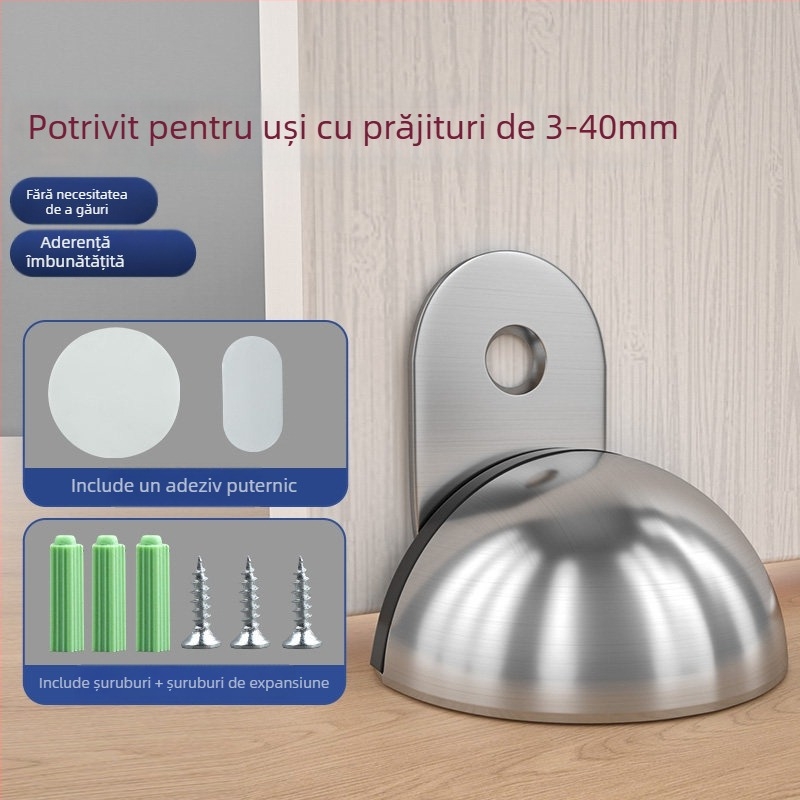 Stop de ușă montat pe podea, din oțel inoxidabil, montaj fără găuri cu bandă adezivă, finisaj electroplacat, stil modern minimalist