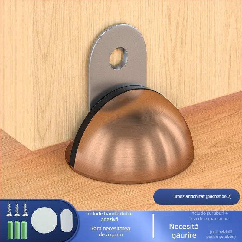 Stop de ușă montat pe podea, din oțel inoxidabil, montaj fără găuri cu bandă adezivă, finisaj electroplacat, stil modern minimalist