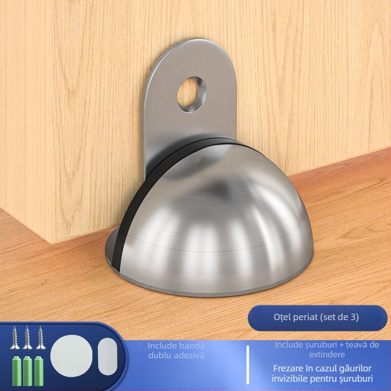 Stop de ușă montat pe podea, din oțel inoxidabil, montaj fără găuri cu bandă adezivă, finisaj electroplacat, stil modern minimalist