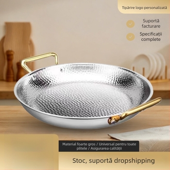 Tigaie Paella din oțel inox 304, cu mâneri duble, fund plat cu trei straturi, compatibil cu inducția, adâncime 4 cm