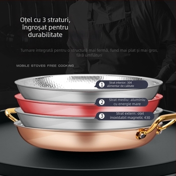 Tigaie Paella din oțel inox 304, cu mâneri duble, fund plat cu trei straturi, compatibil cu inducția, adâncime 4 cm