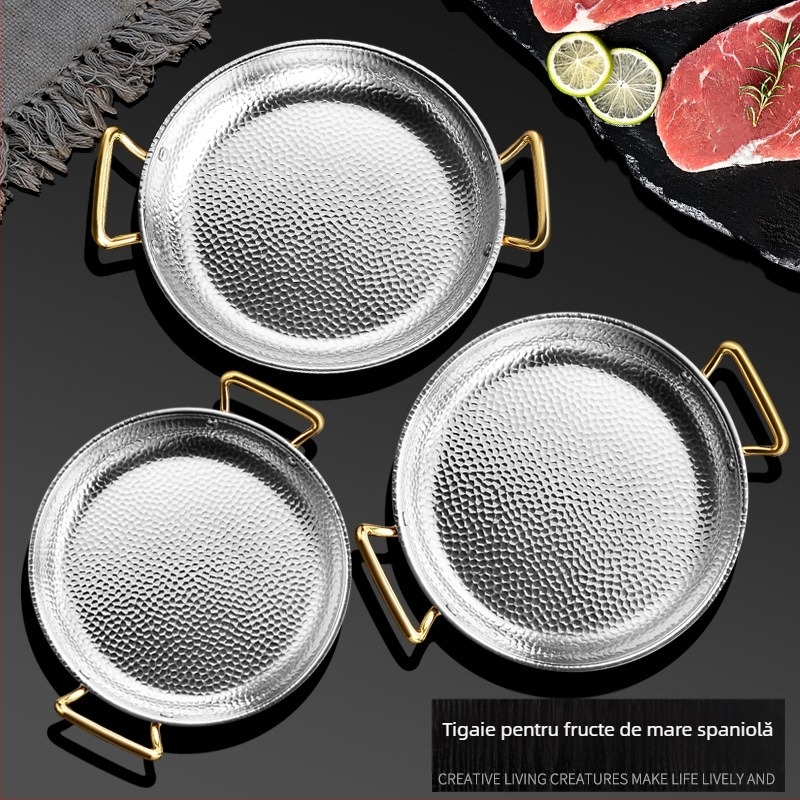 Tigaie Paella din oțel inox 304, cu mâneri duble, fund plat cu trei straturi, compatibil cu inducția, adâncime 4 cm