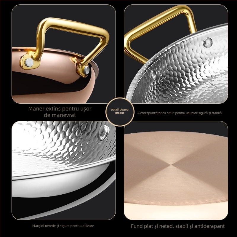 Tigaie Paella din oțel inox 304, cu mâneri duble, fund plat cu trei straturi, compatibil cu inducția, adâncime 4 cm