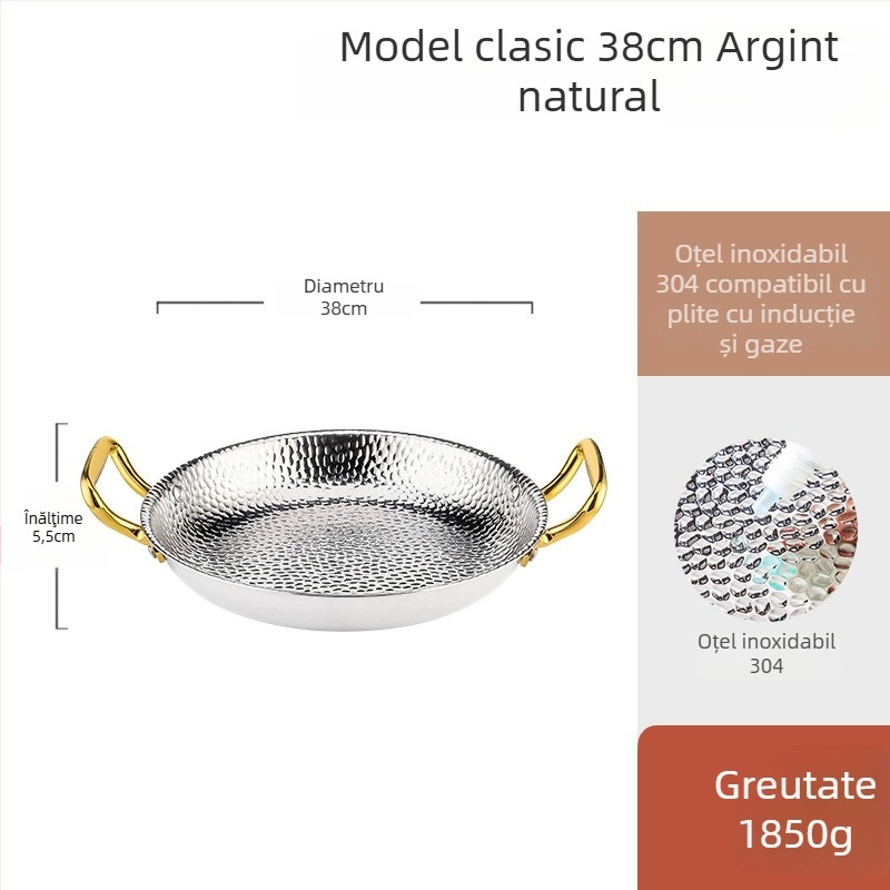 Tigaie Paella din oțel inox 304, cu mâneri duble, fund plat cu trei straturi, compatibil cu inducția, adâncime 4 cm