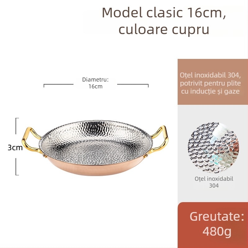 Tigaie Paella din oțel inox 304, cu mâneri duble, fund plat cu trei straturi, compatibil cu inducția, adâncime 4 cm