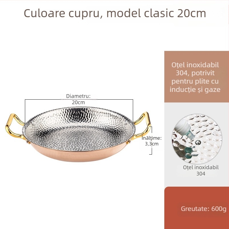 Tigaie Paella din oțel inox 304, cu mâneri duble, fund plat cu trei straturi, compatibil cu inducția, adâncime 4 cm