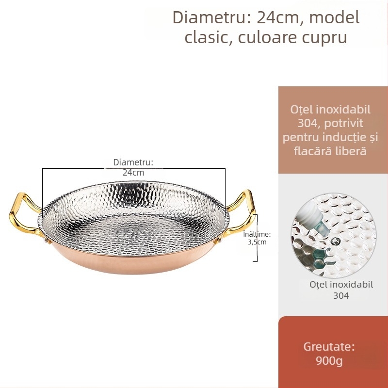 Tigaie Paella din oțel inox 304, cu mâneri duble, fund plat cu trei straturi, compatibil cu inducția, adâncime 4 cm