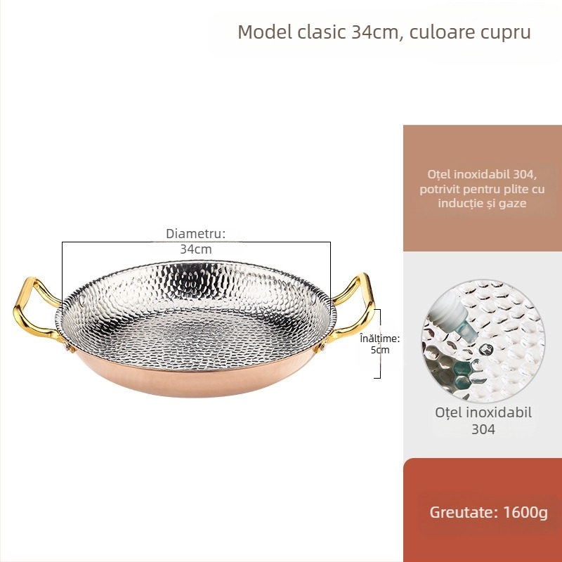 Tigaie Paella din oțel inox 304, cu mâneri duble, fund plat cu trei straturi, compatibil cu inducția, adâncime 4 cm