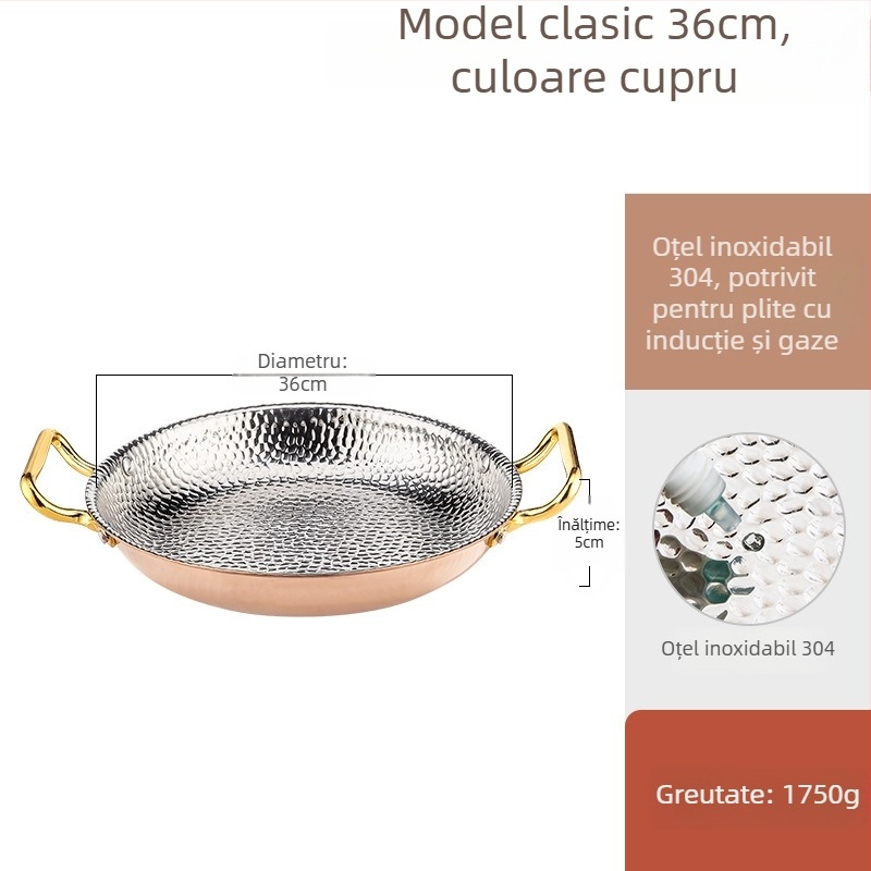 Tigaie Paella din oțel inox 304, cu mâneri duble, fund plat cu trei straturi, compatibil cu inducția, adâncime 4 cm