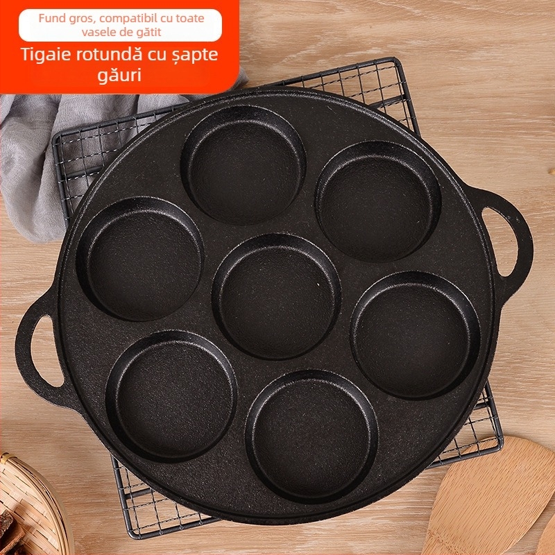 Tigaie din fontă antiaderentă — Model XLF-JP; Funcție: formă pentru burger, pâine, ou prăjit și prăjitură; Greutate: 2,6 kg