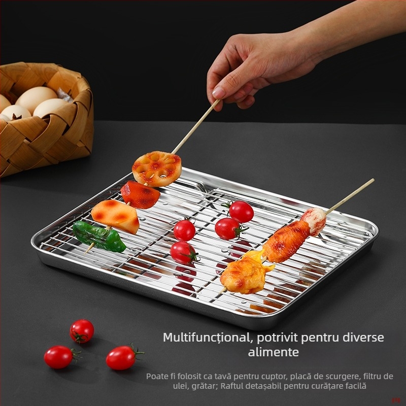 Tava plată din oțel inoxidabil 304, dreptunghiulară, cu plasă filtrantă pentru controlul uleiului și drenaj, stil minimalist modern