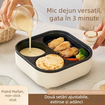 Tigaie electrică pentru omletă cu patru găuri, cu strat antiaderent, corp din aliaj de aluminiu, 900W, 220V, capac din sticlă