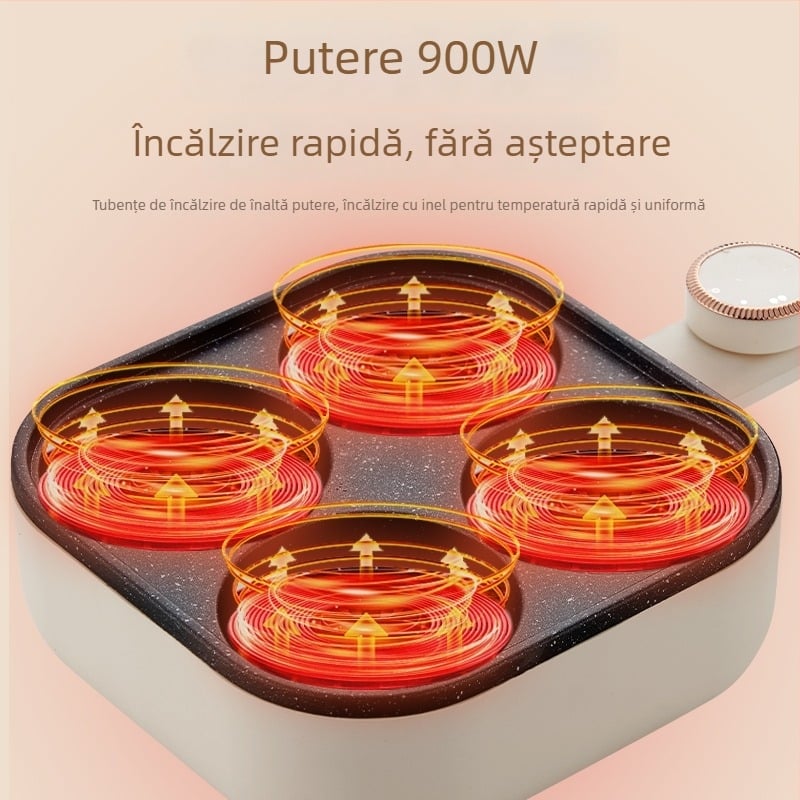 Tigaie electrică pentru omletă cu patru găuri, cu strat antiaderent, corp din aliaj de aluminiu, 900W, 220V, capac din sticlă