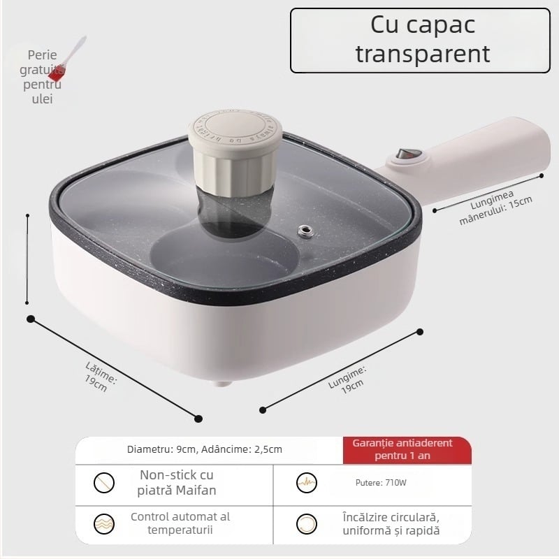 Tigaie electrică pentru omletă cu patru găuri, cu strat antiaderent, corp din aliaj de aluminiu, 900W, 220V, capac din sticlă