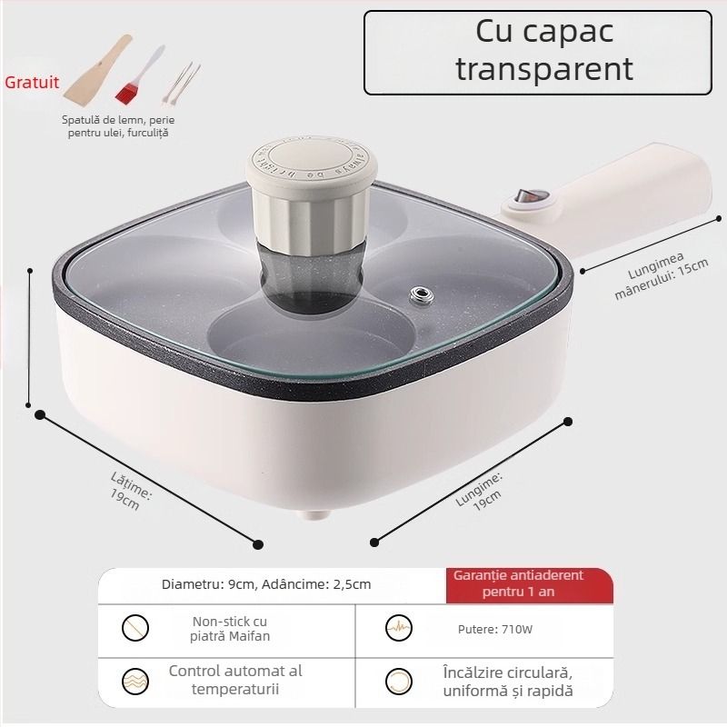 Tigaie electrică pentru omletă cu patru găuri, cu strat antiaderent, corp din aliaj de aluminiu, 900W, 220V, capac din sticlă