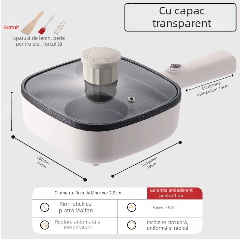 Tigaie electrică pentru omletă cu patru găuri, cu strat antiaderent, corp din aliaj de aluminiu, 900W, 220V, capac din sticlă