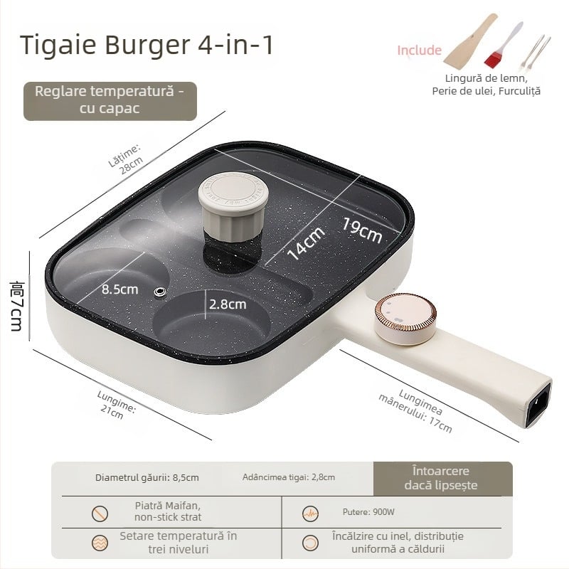 Tigaie electrică pentru omletă cu patru găuri, cu strat antiaderent, corp din aliaj de aluminiu, 900W, 220V, capac din sticlă