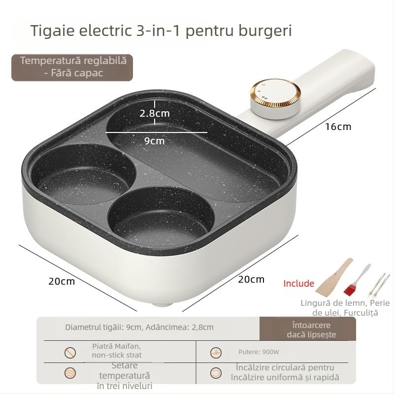 Tigaie electrică pentru omletă cu patru găuri, cu strat antiaderent, corp din aliaj de aluminiu, 900W, 220V, capac din sticlă