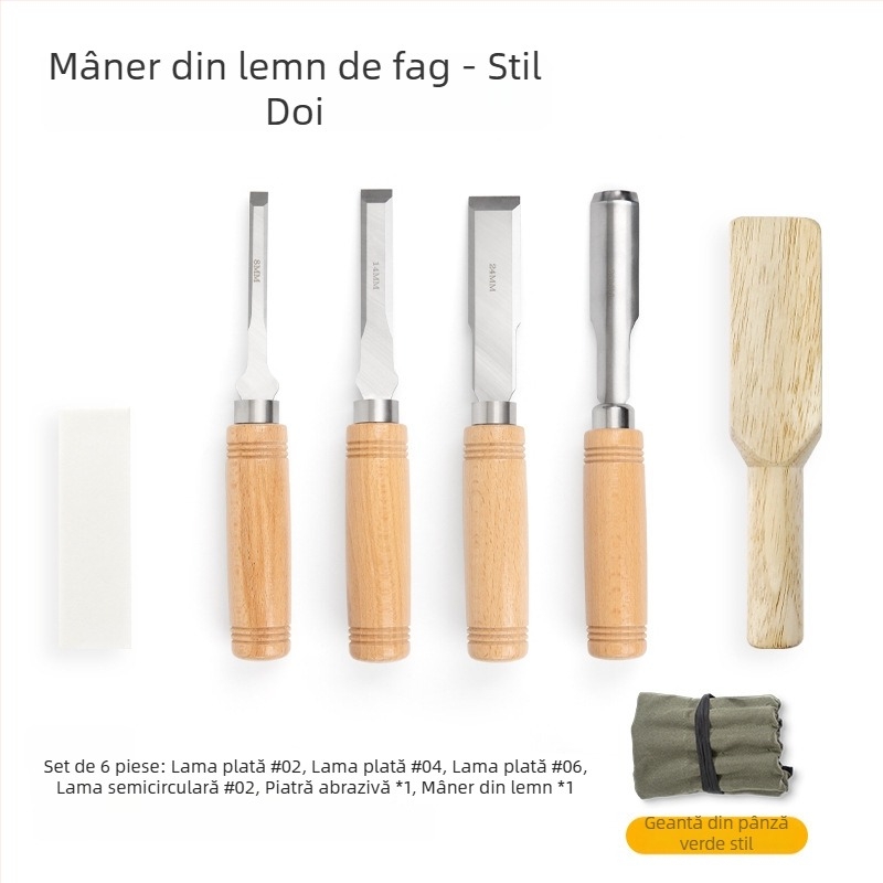 Set dălți pentru tâmplă cu lame din oțel mangan, mâner din lemn de fag – dălți plate și semi-cercuri