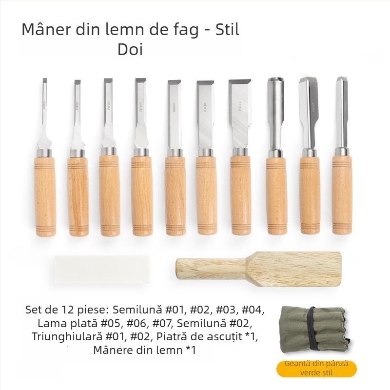 Set dălți pentru tâmplă cu lame din oțel mangan, mâner din lemn de fag – dălți plate și semi-cercuri
