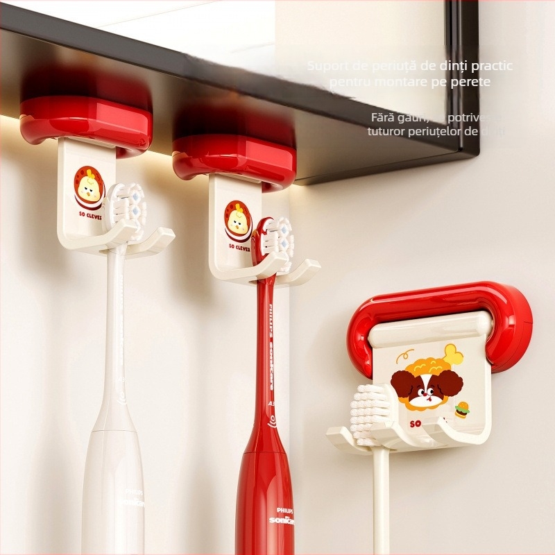 Suport pentru periuțe de dinți cu 2 compartimente, ABS, montaj pe perete fără găuri, depozitare pentru periute electrice, oglindă de baie încorporată