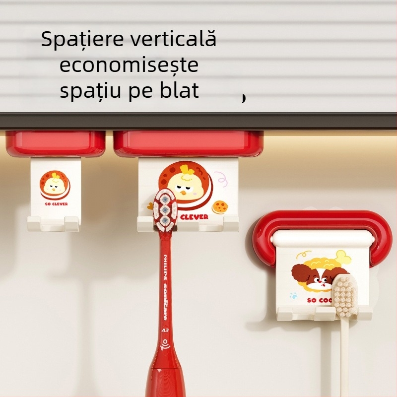 Suport pentru periuțe de dinți cu 2 compartimente, ABS, montaj pe perete fără găuri, depozitare pentru periute electrice, oglindă de baie încorporată