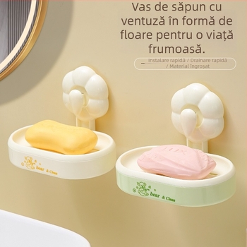 Recipient săpun cu ventuză, montat pe perete, organizator baie cu tavă de scurgere – ABS