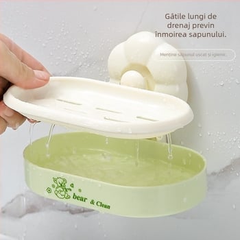 Recipient săpun cu ventuză, montat pe perete, organizator baie cu tavă de scurgere – ABS