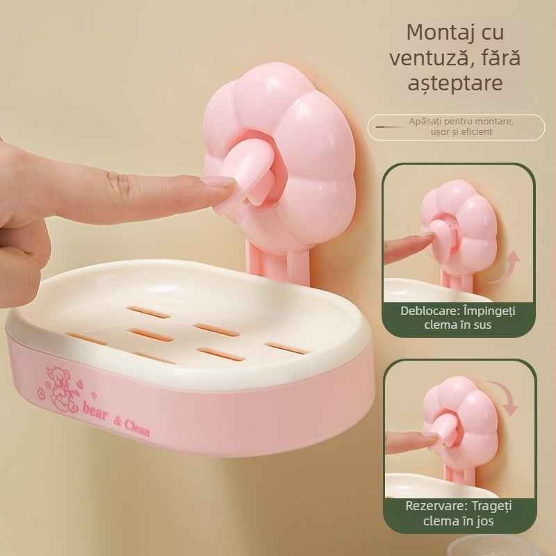 Recipient săpun cu ventuză, montat pe perete, organizator baie cu tavă de scurgere – ABS