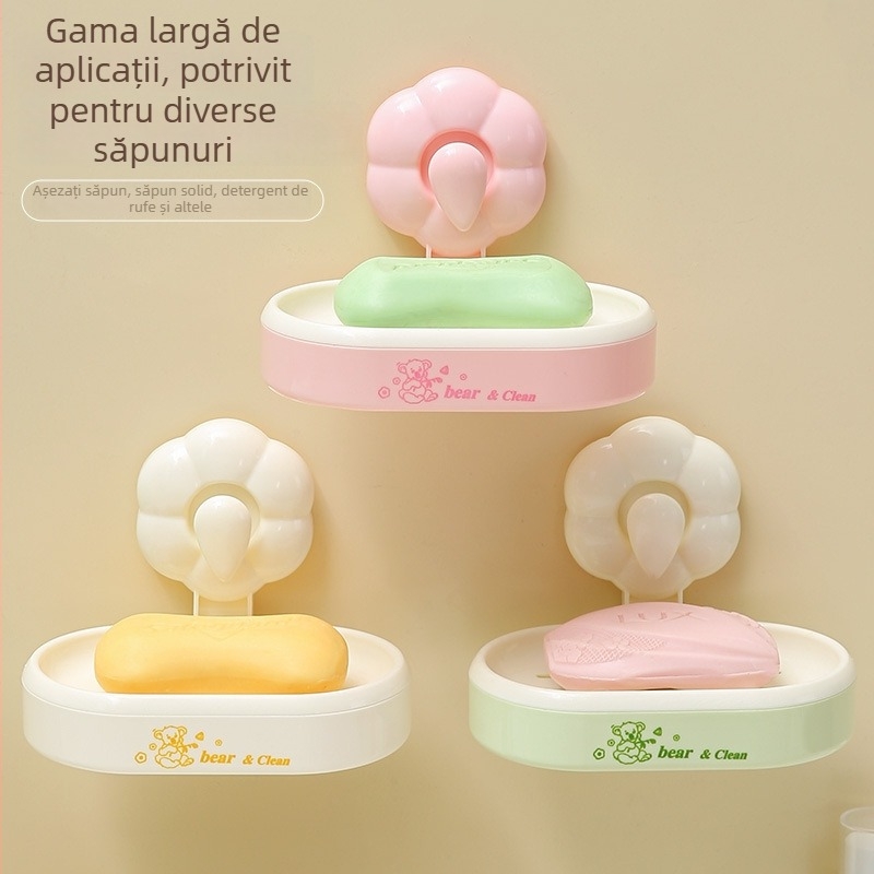 Recipient săpun cu ventuză, montat pe perete, organizator baie cu tavă de scurgere – ABS