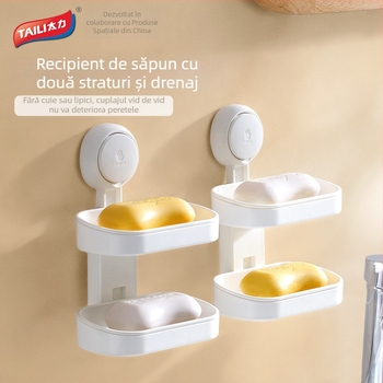 Raft pentru săpun montat pe perete cu ventuze, două niveluri, ABS, fără canal de scurgere, fără găuri