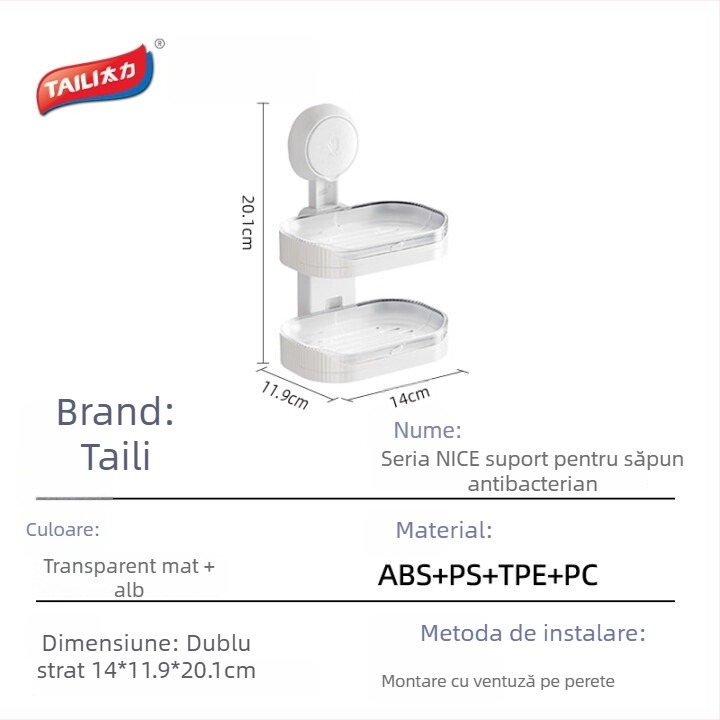 Sapunier dublu-strat montat pe perete, cu sertar și tavă de drenaj – ABS, antibacterian, pachet de 48 bucăți