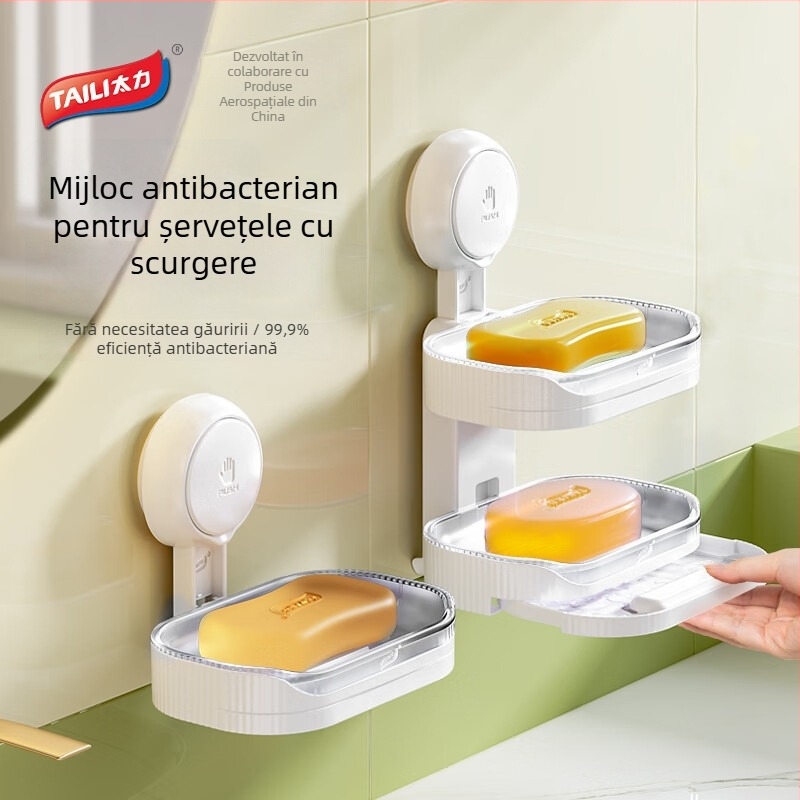 Sapunier dublu-strat montat pe perete, cu sertar și tavă de drenaj – ABS, antibacterian, pachet de 48 bucăți