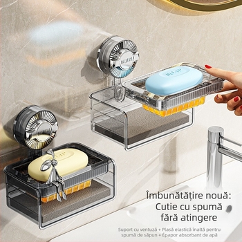 Cutie transparentă de săpun montată pe perete, cu ventuză, dublă, drenaj pentru burete, fără găuri