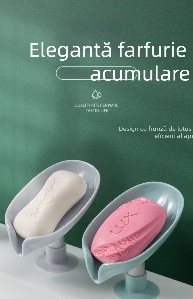 Vas de săpun din plastic, montat pe perete, cu ventuză și tavă de scurgere, design fără găuri