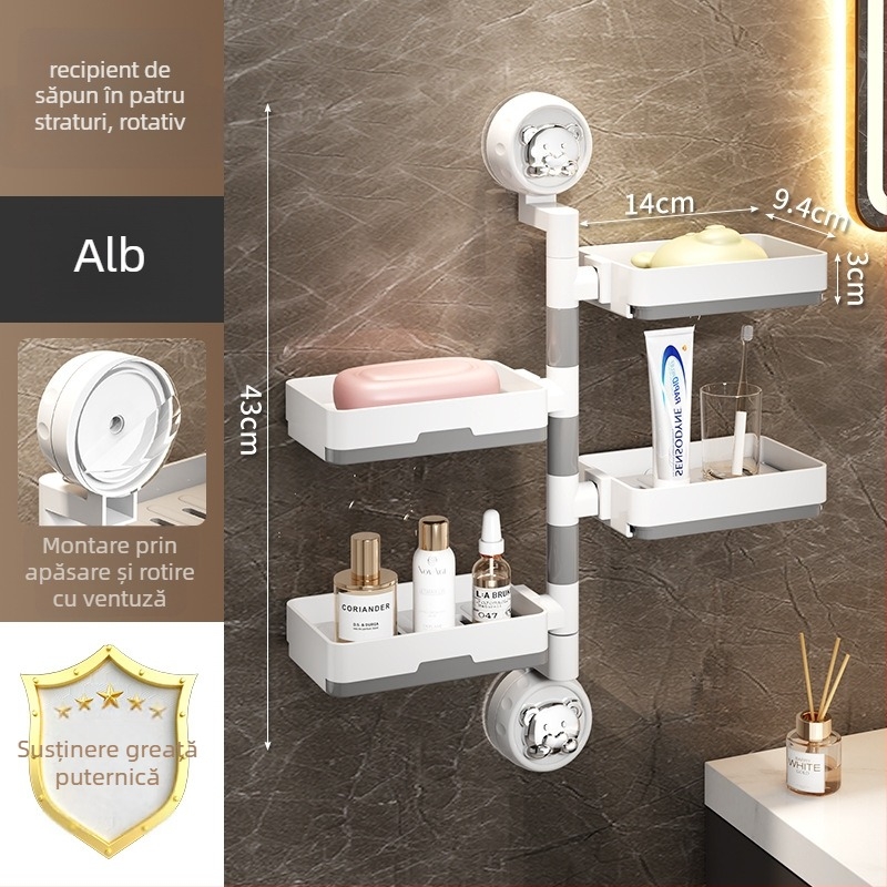Cutie pentru săpun cu ventuză pentru montare pe perete, rotativă, cu raft detașabil (Material: Plastic, PVC; Montaj: ventuză; Rotire: rotativ; Raft detașabil)