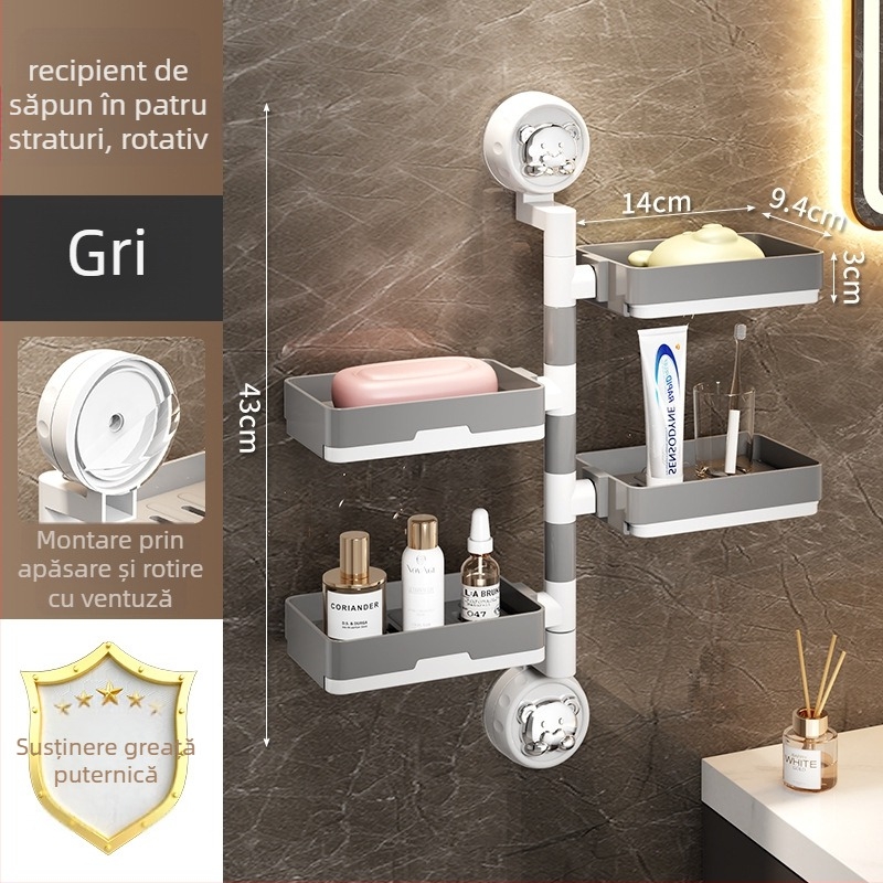 Cutie pentru săpun cu ventuză pentru montare pe perete, rotativă, cu raft detașabil (Material: Plastic, PVC; Montaj: ventuză; Rotire: rotativ; Raft detașabil)